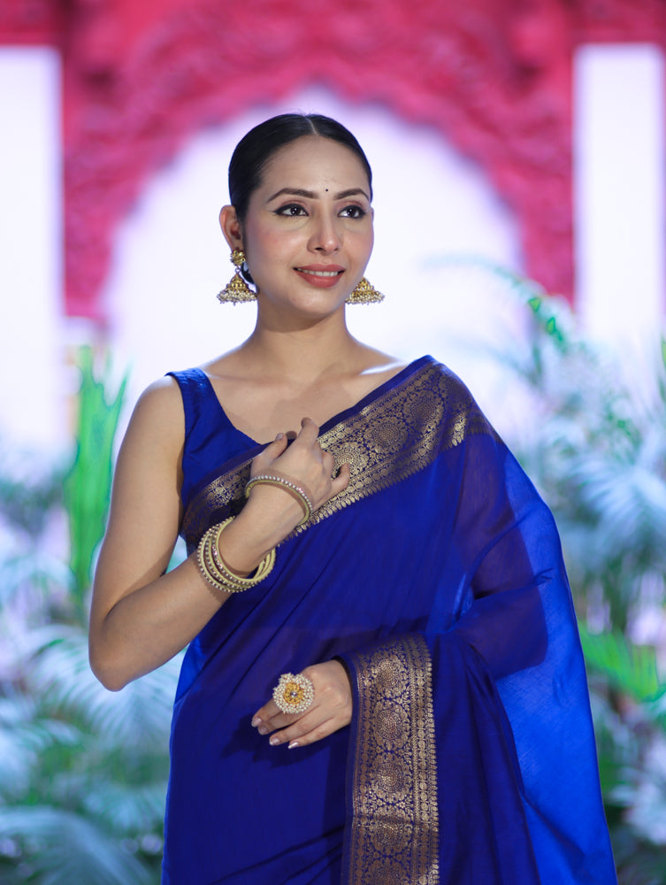 Banarasee Handloom Cotton Silk Plain Saree With Antique Zari Border-Blue