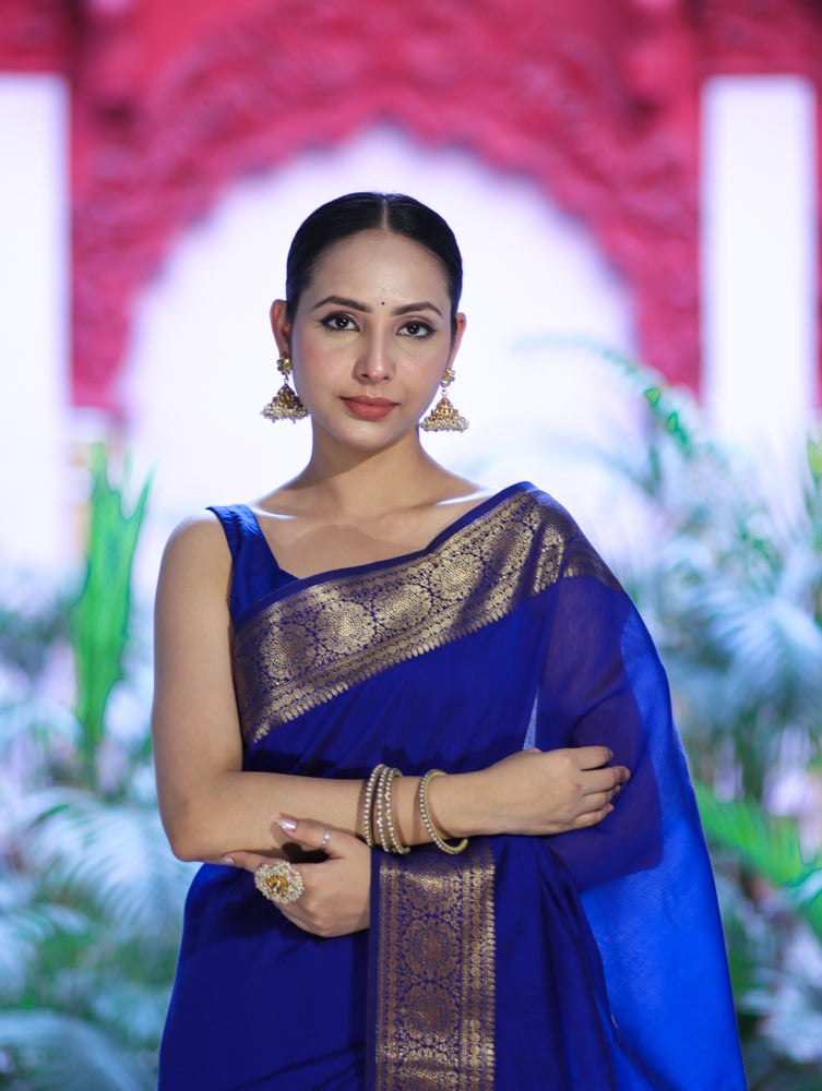 Banarasee Handloom Cotton Silk Plain Saree With Antique Zari Border-Blue