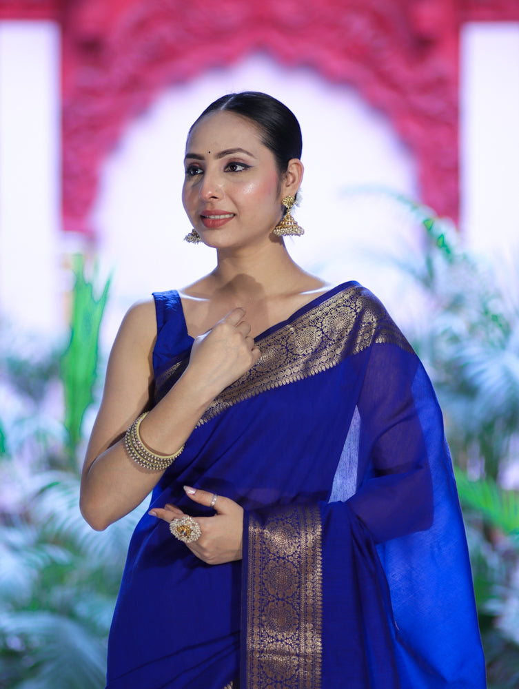 Banarasee Handloom Cotton Silk Plain Saree With Antique Zari Border-Blue
