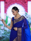 Banarasee Handloom Cotton Silk Plain Saree With Antique Zari Border-Blue