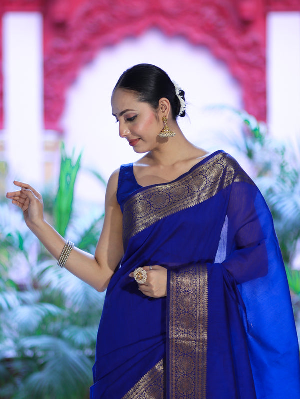 Banarasee Handloom Cotton Silk Plain Saree With Antique Zari Border-Blue