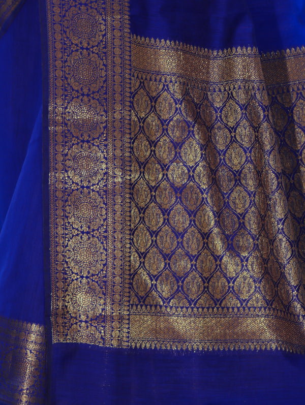 Banarasee Handloom Cotton Silk Plain Saree With Antique Zari Border-Blue