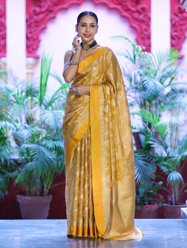 Banarasee Handloom Tissue Saree With Zari Jaal Work & Border-Golden Yellow