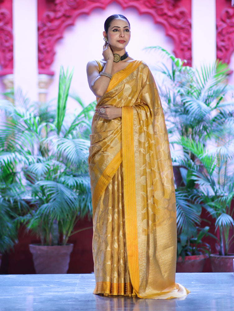 Banarasee Handloom Tissue Saree With Zari Jaal Work & Border-Golden Yellow