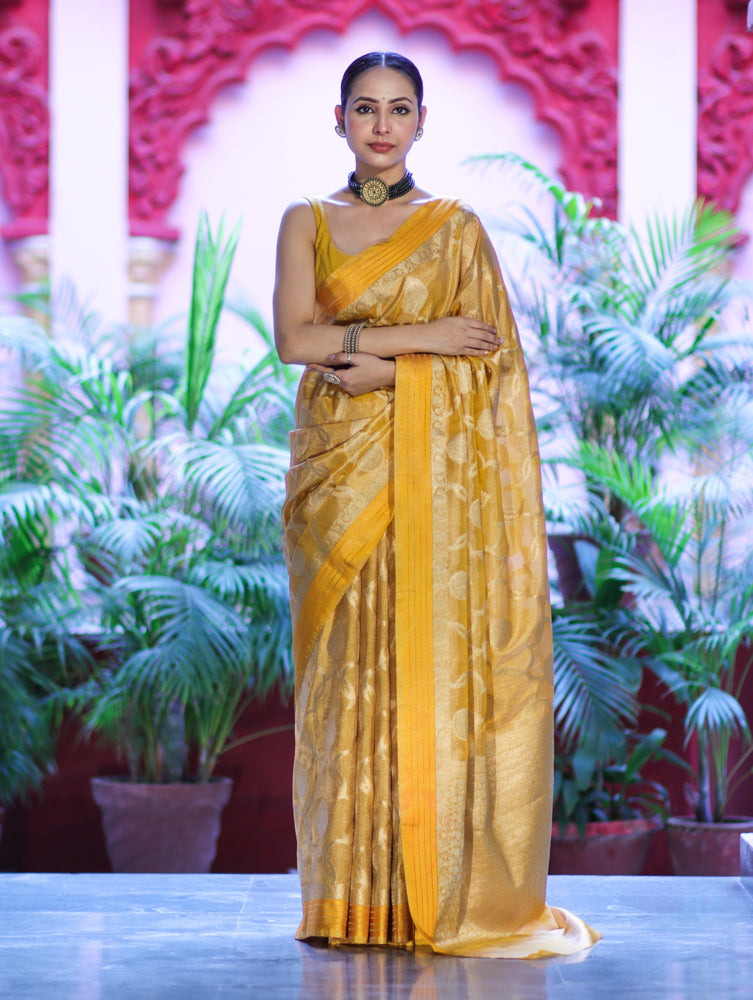 Banarasee Handloom Tissue Saree With Zari Jaal Work & Border-Golden Yellow