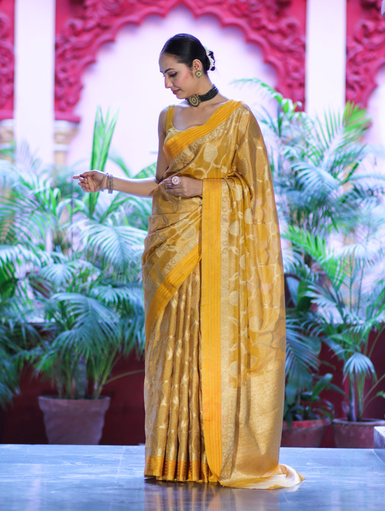 Banarasee Handloom Tissue Saree With Zari Jaal Work & Border-Golden Yellow