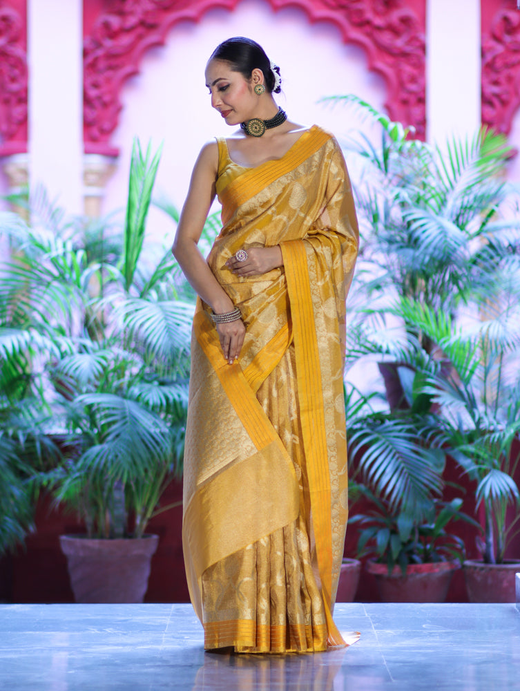 Banarasee Handloom Tissue Saree With Zari Jaal Work & Border-Golden Yellow
