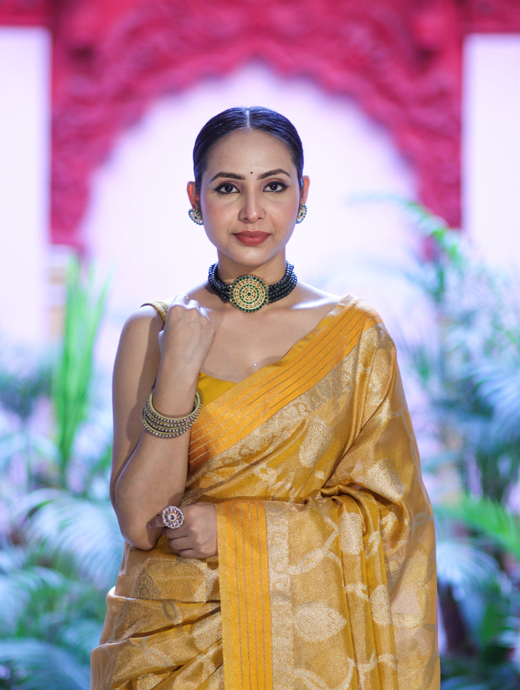 Banarasee Handloom Tissue Saree With Zari Jaal Work & Border-Golden Yellow