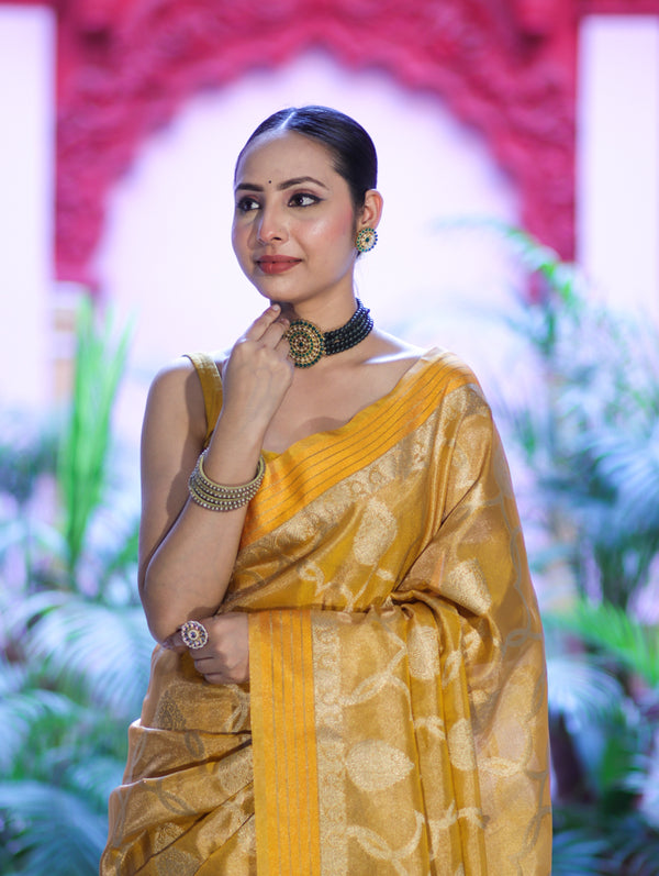 Banarasee Handloom Tissue Saree With Zari Jaal Work & Border-Golden Yellow