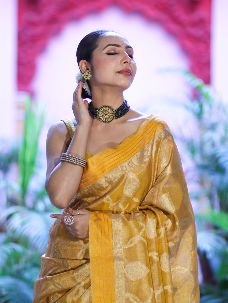 Banarasee Handloom Tissue Saree With Zari Jaal Work & Border-Golden Yellow