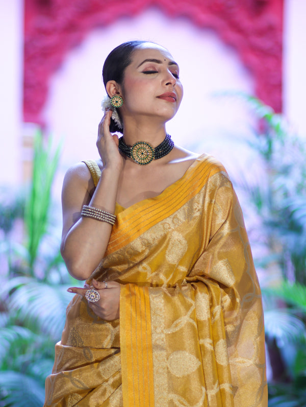 Banarasee Handloom Tissue Saree With Zari Jaal Work & Border-Golden Yellow