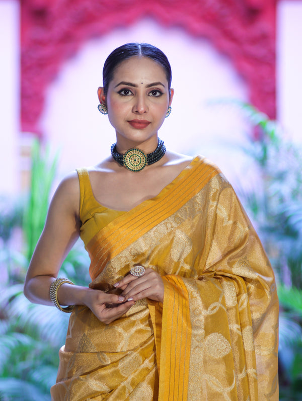 Banarasee Handloom Tissue Saree With Zari Jaal Work & Border-Golden Yellow