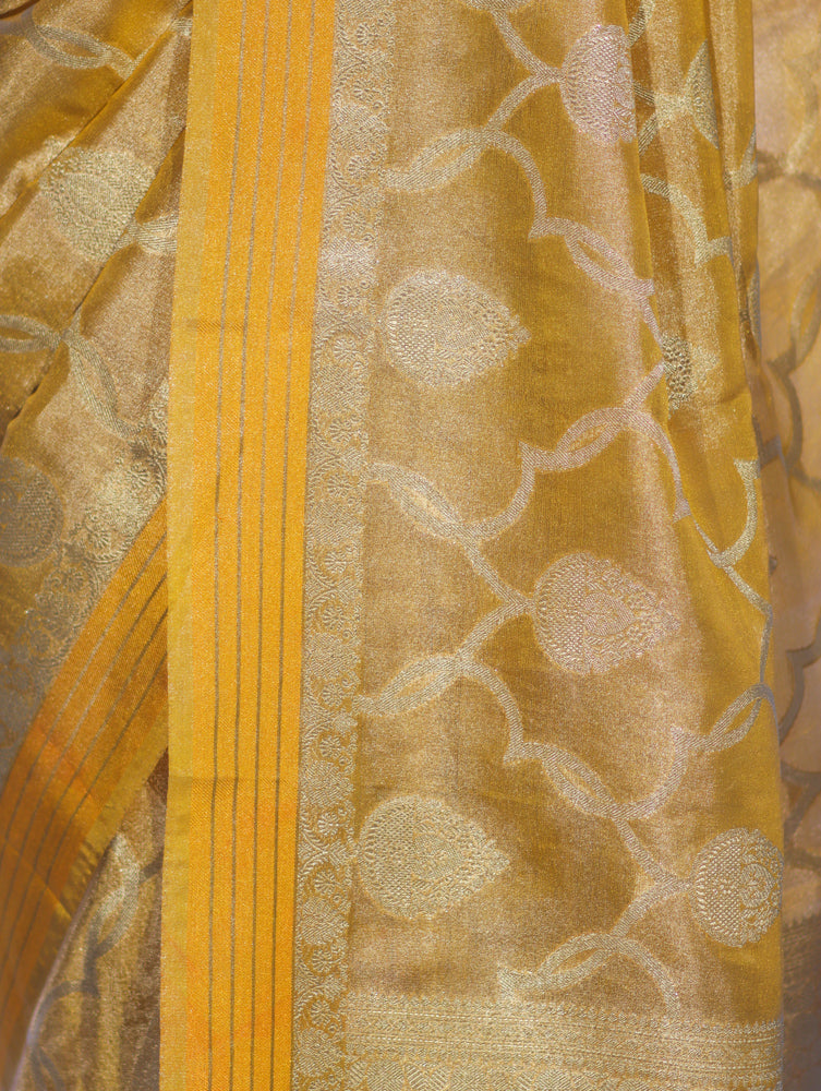 Banarasee Handloom Tissue Saree With Zari Jaal Work & Border-Golden Yellow