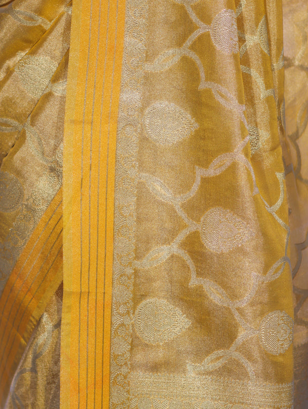 Banarasee Handloom Tissue Saree With Zari Jaal Work & Border-Golden Yellow