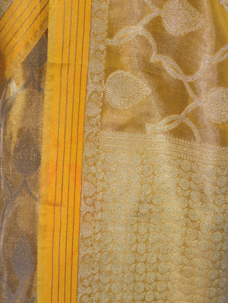 Banarasee Handloom Tissue Saree With Zari Jaal Work & Border-Golden Yellow