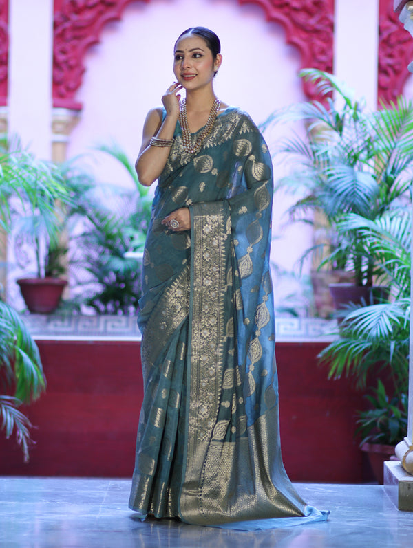 Banarasee Handloom Semi Silk Plain Saree With Zari Woven Design & Floral Border-Moss Green