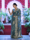 Banarasee Handloom Semi Silk Plain Saree With Zari Woven Design & Floral Border-Moss Green