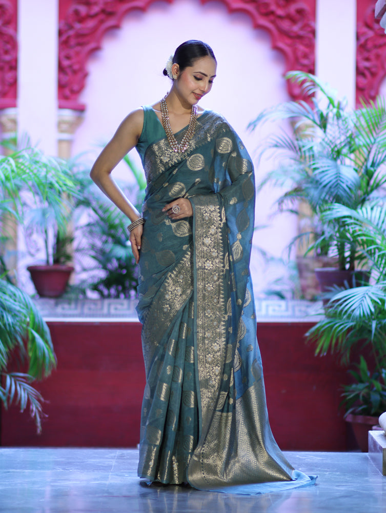 Banarasee Handloom Semi Silk Plain Saree With Zari Woven Design & Floral Border-Moss Green