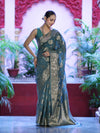 Banarasee Handloom Semi Silk Plain Saree With Zari Woven Design & Floral Border-Moss Green
