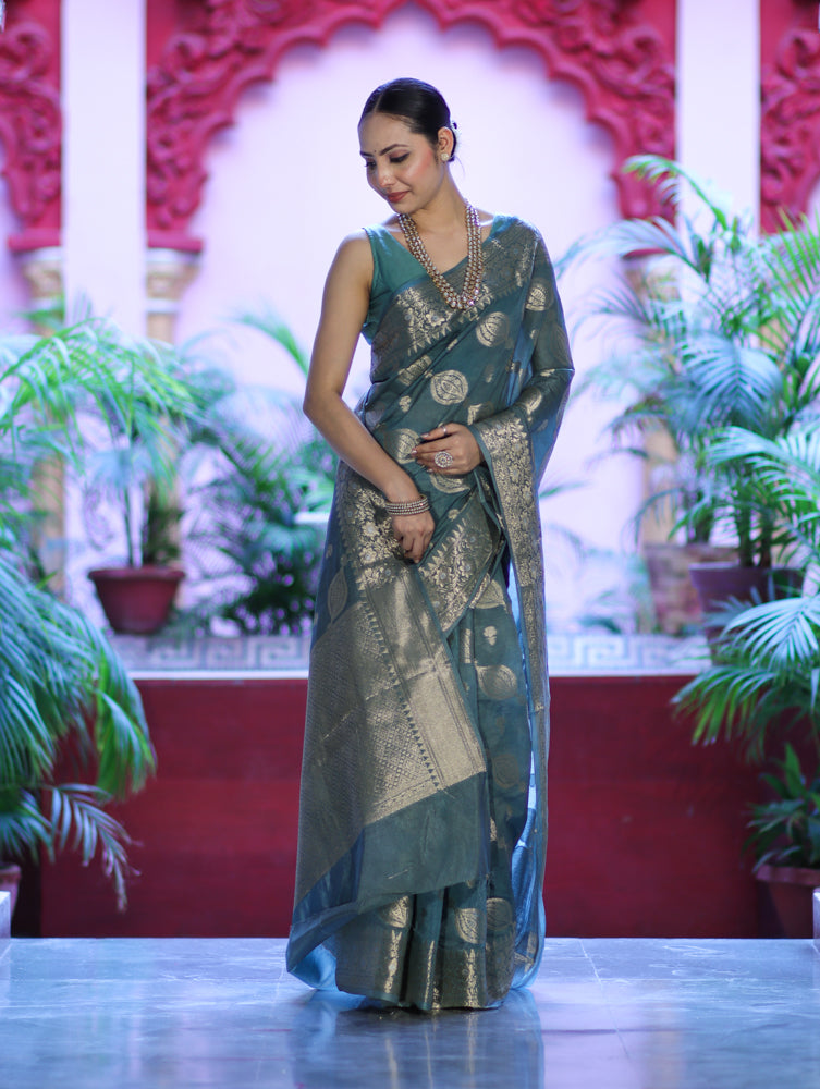 Banarasee Handloom Semi Silk Plain Saree With Zari Woven Design & Floral Border-Moss Green