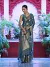 Banarasee Handloom Semi Silk Plain Saree With Zari Woven Design & Floral Border-Moss Green
