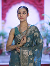 Banarasee Handloom Semi Silk Plain Saree With Zari Woven Design & Floral Border-Moss Green