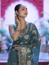 Banarasee Handloom Semi Silk Plain Saree With Zari Woven Design & Floral Border-Moss Green