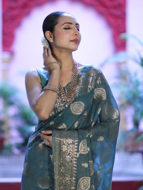 Banarasee Handloom Semi Silk Plain Saree With Zari Woven Design & Floral Border-Moss Green