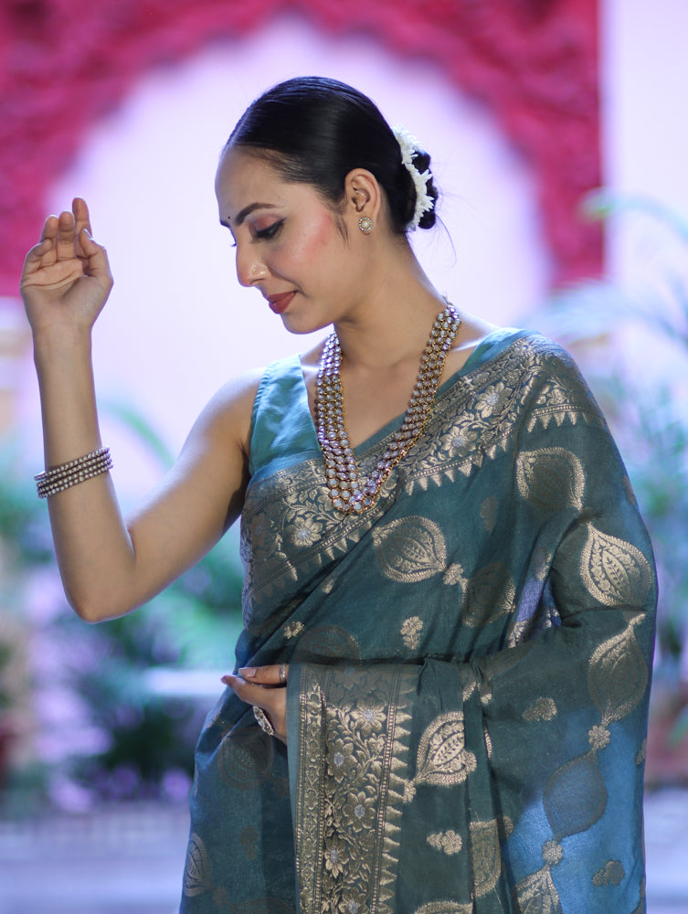Banarasee Handloom Semi Silk Plain Saree With Zari Woven Design & Floral Border-Moss Green