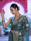 Banarasee Handloom Semi Silk Plain Saree With Zari Woven Design & Floral Border-Moss Green