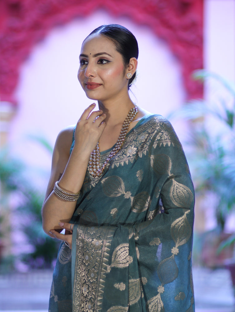 Banarasee Handloom Semi Silk Plain Saree With Zari Woven Design & Floral Border-Moss Green
