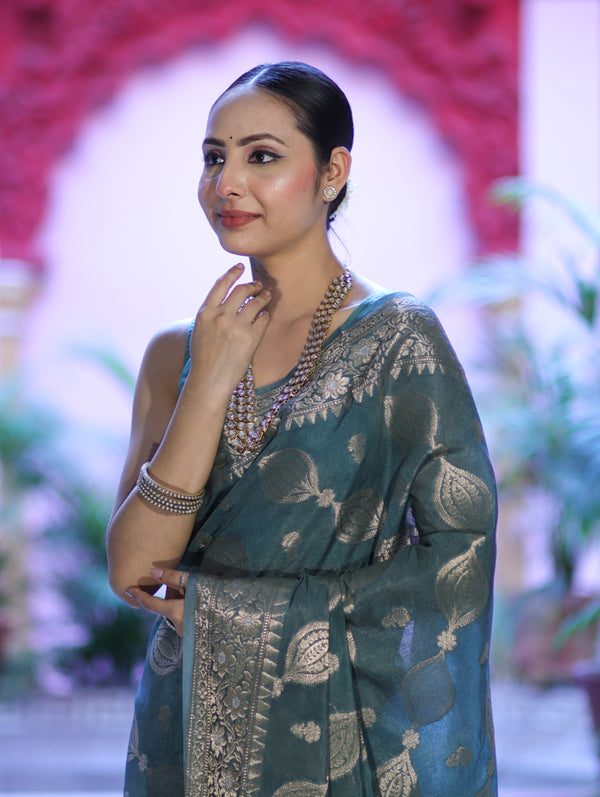 Banarasee Handloom Semi Silk Plain Saree With Zari Woven Design & Floral Border-Moss Green