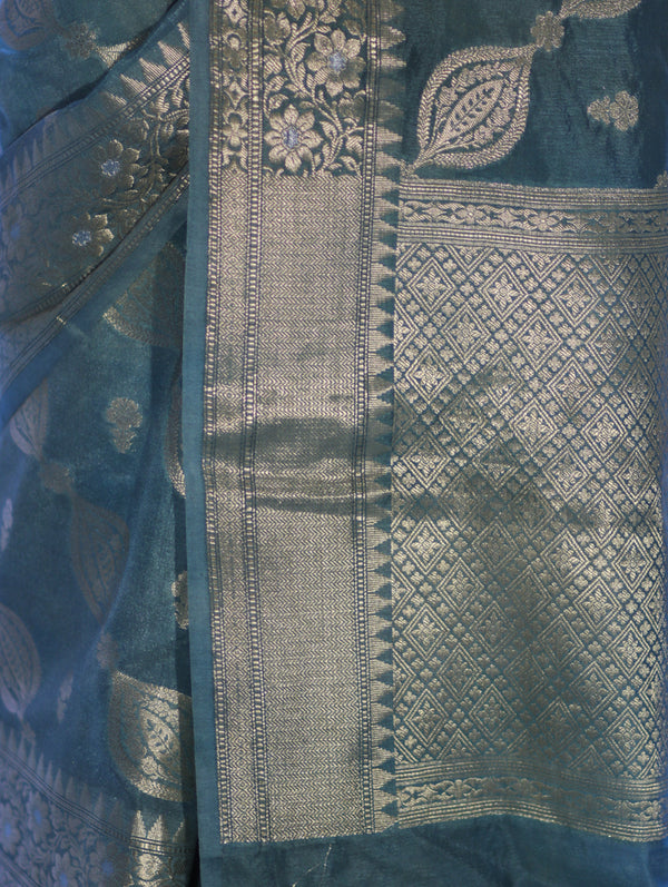 Banarasee Handloom Semi Silk Plain Saree With Zari Woven Design & Floral Border-Moss Green