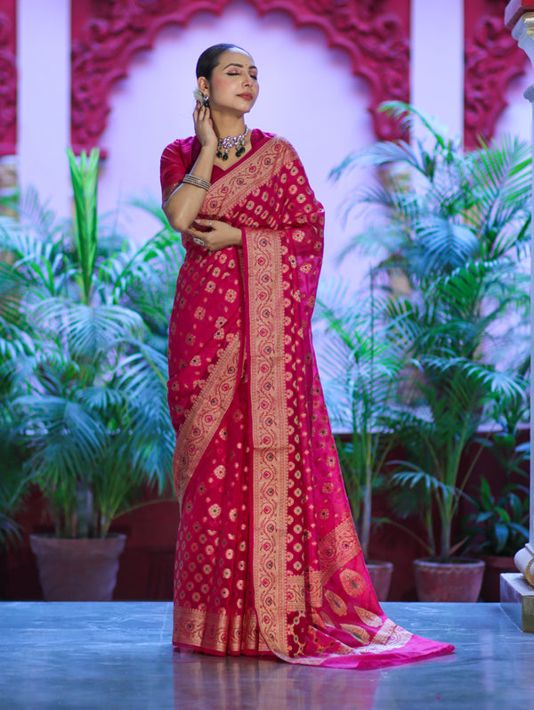 Banarasee Handwoven Georgette Saree With Zari Buta Work & Border-Magenta