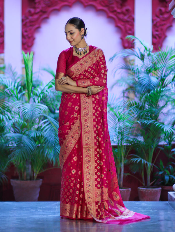 Banarasee Handwoven Georgette Saree With Zari Buta Work & Border-Magenta