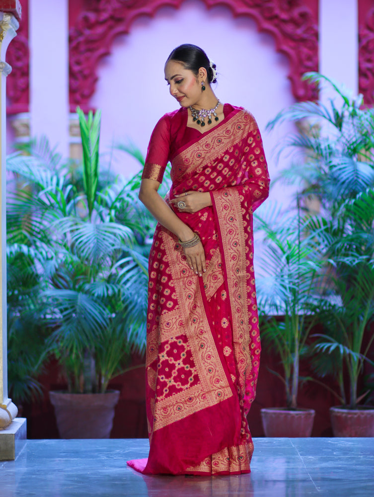 Banarasee Handwoven Georgette Saree With Zari Buta Work & Border-Magenta