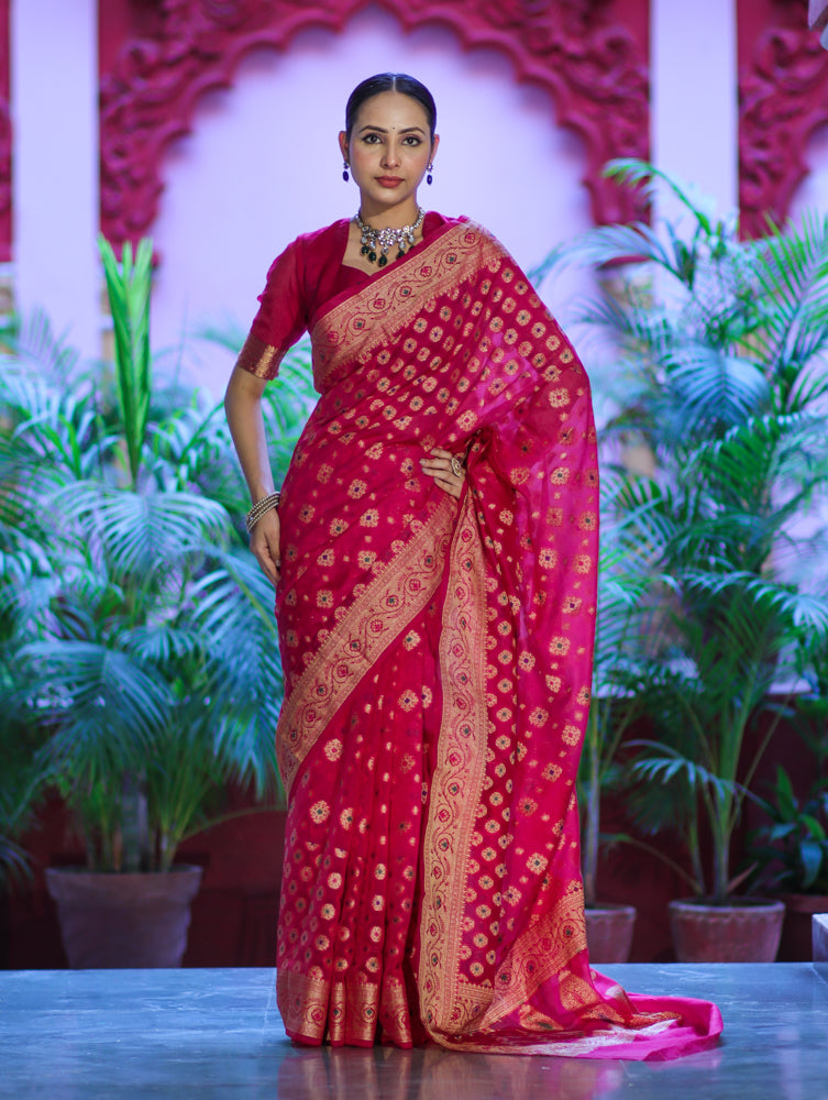 Banarasee Handwoven Georgette Saree With Zari Buta Work & Border-Magenta