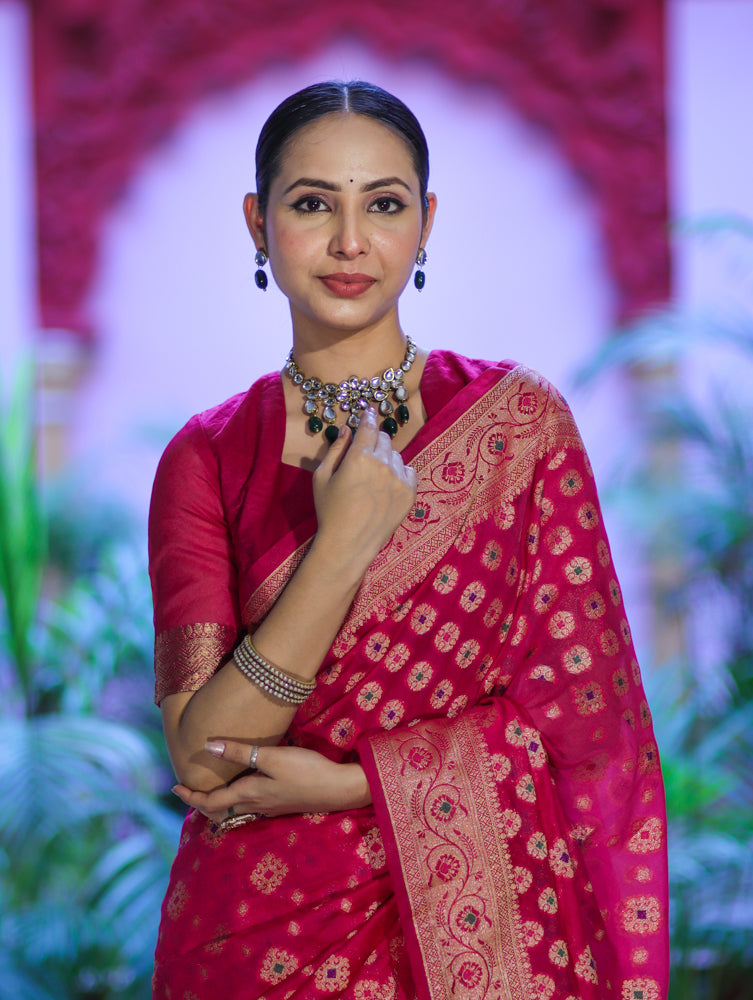 Banarasee Handwoven Georgette Saree With Zari Buta Work & Border-Magenta
