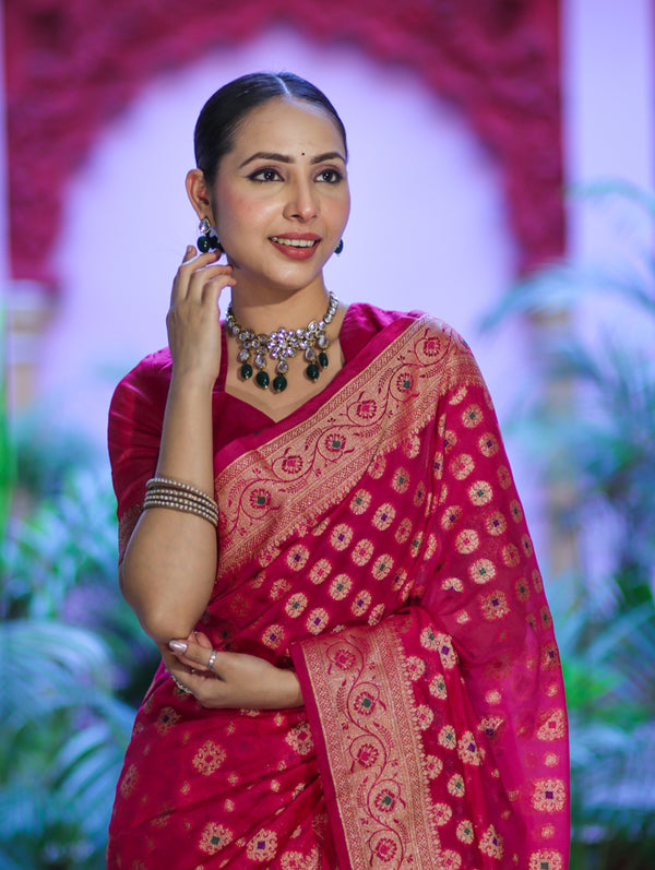 Banarasee Handwoven Georgette Saree With Zari Buta Work & Border-Magenta