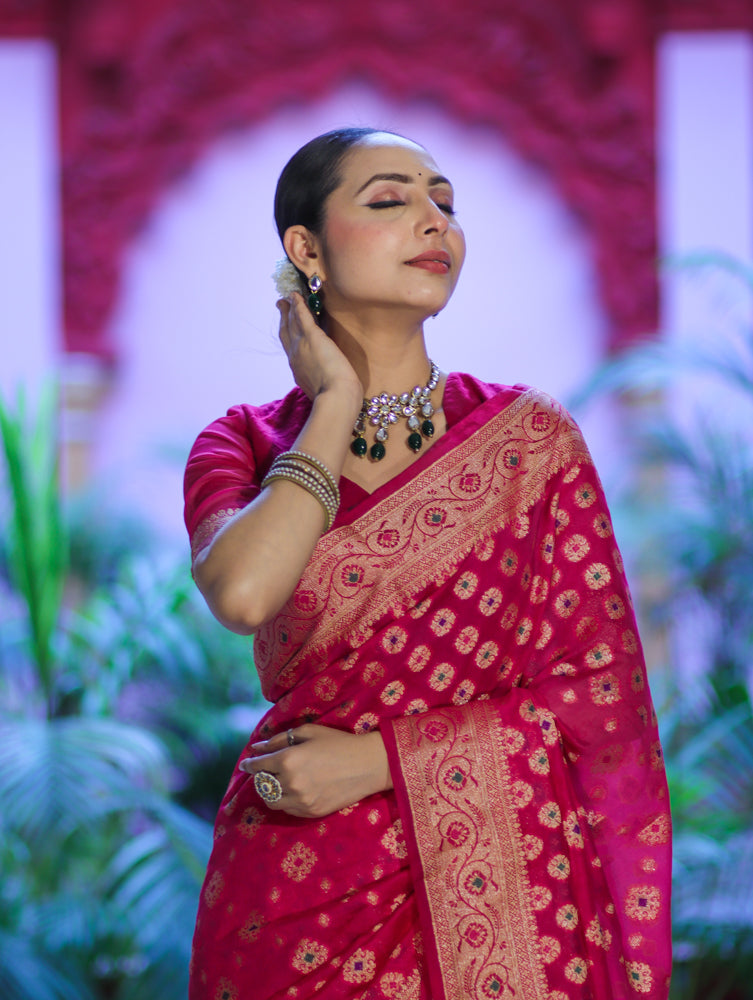 Banarasee Handwoven Georgette Saree With Zari Buta Work & Border-Magenta