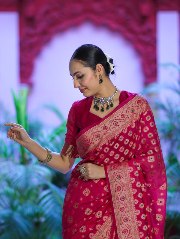 Banarasee Handwoven Georgette Saree With Zari Buta Work & Border-Magenta