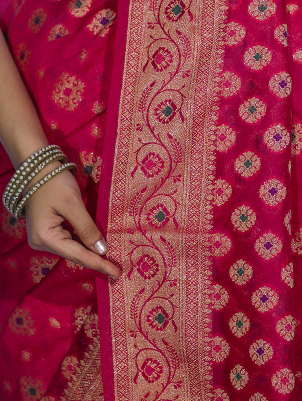 Banarasee Handwoven Georgette Saree With Zari Buta Work & Border-Magenta