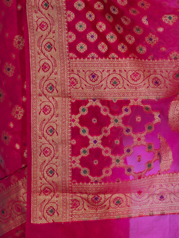 Banarasee Handwoven Georgette Saree With Zari Buta Work & Border-Magenta