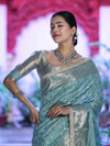 Banarasee Handloom Semi Silk Saree With Zari Buti Design & Lace Border-Mint Blue