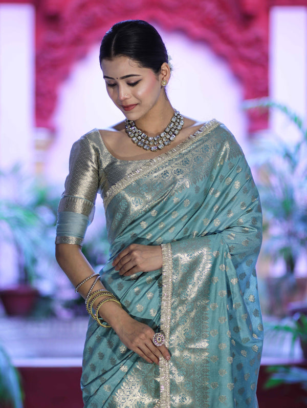 Banarasee Handloom Semi Silk Saree With Zari Buti Design & Lace Border-Mint Blue