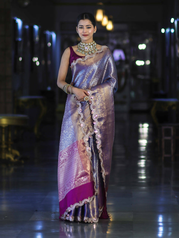 Banarasee Handloom Dual Tone Tissue Saree With Zari Weaving Floral Work & Lace Border-Blue & Violet