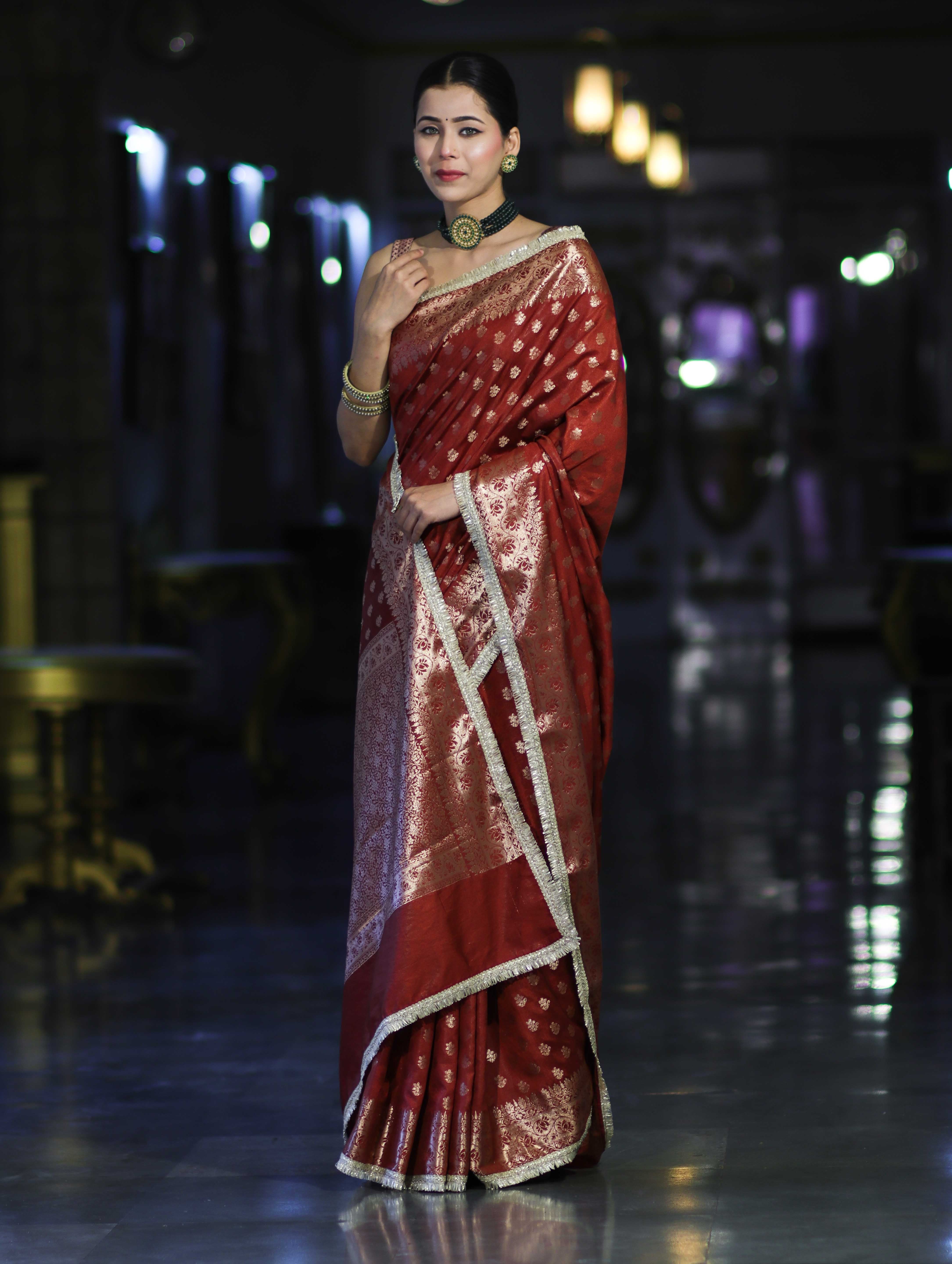 Banarasee Handloom Semi Silk Saree With Zari Buti Design & Lace Border-Dark Rust