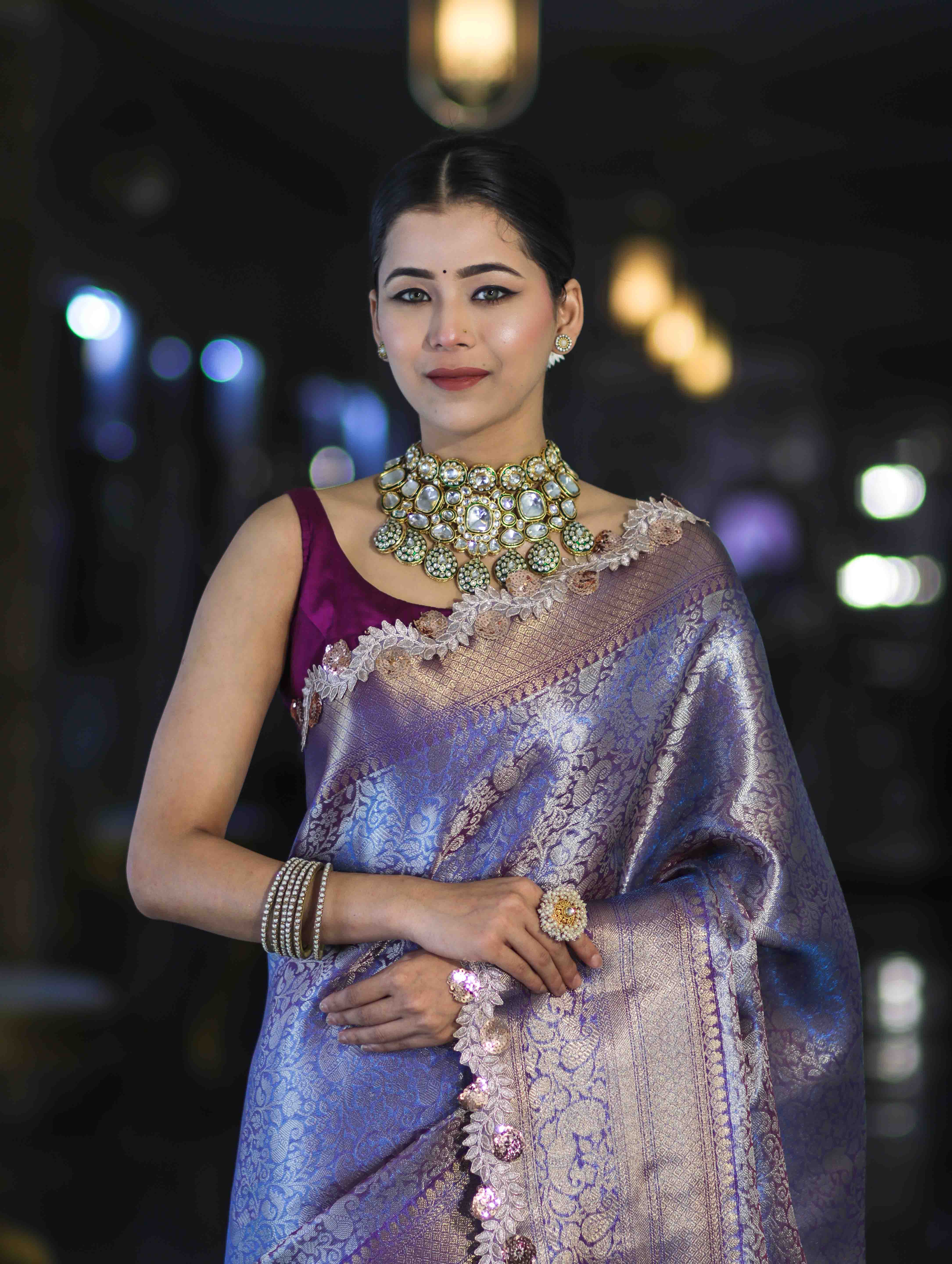 Banarasee Handloom Dual Tone Tissue Saree With Zari Weaving Floral Work & Lace Border-Blue & Violet