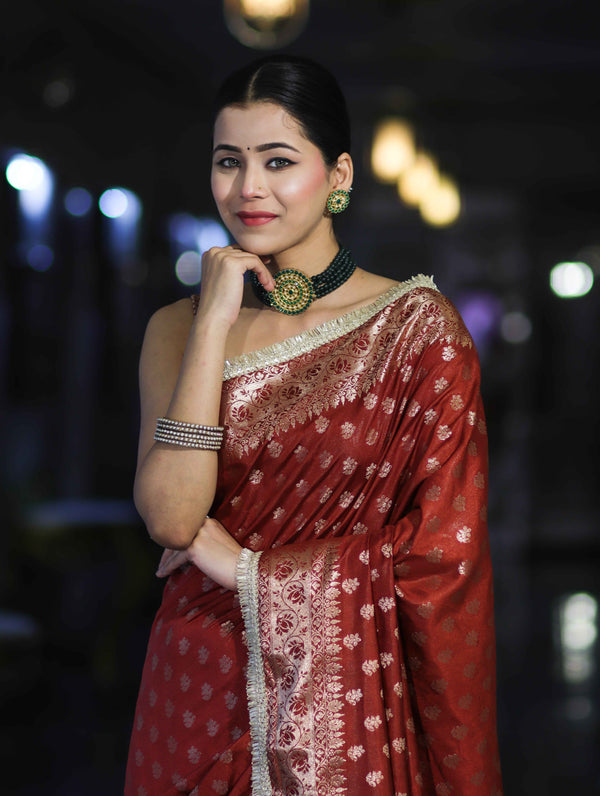 Banarasee Handloom Semi Silk Saree With Zari Buti Design & Lace Border-Dark Rust