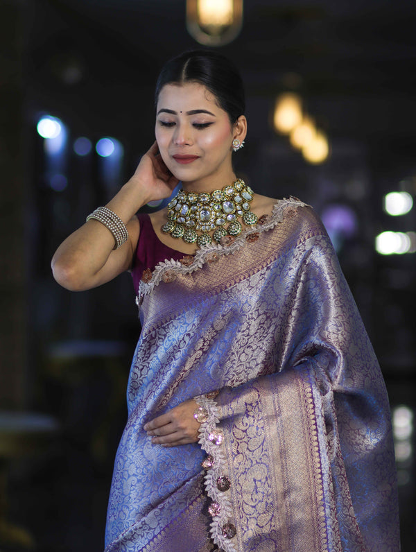 Banarasee Handloom Dual Tone Tissue Saree With Zari Weaving Floral Work & Lace Border-Blue & Violet